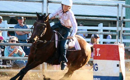 Barrel Racer Ainsley Mikkleson on Stormy at the Mt Perry Rodeo.
